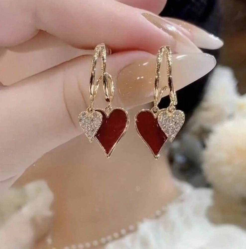 Red Heart Rhinestone Earrings Gold - Picture 9 of 9